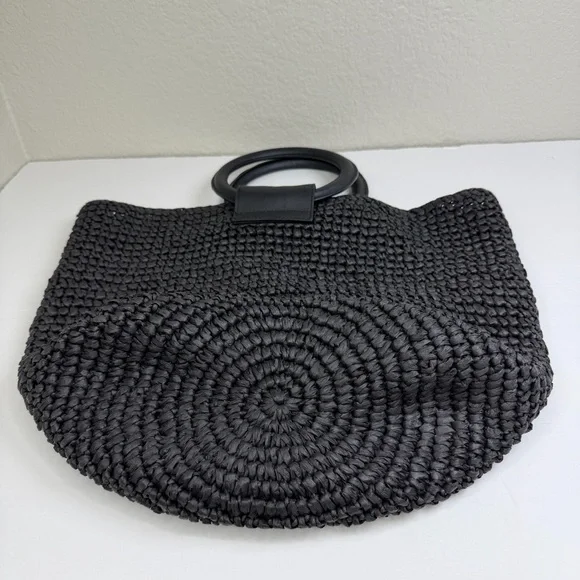 & Other Stories Black Woven Paper Straw Circle Ring Tote Boho Handbag - Picture 5 of 9